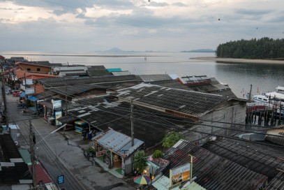 Looking west from our terrace to the Klong estuary with the main street of Saladan in the foreground.